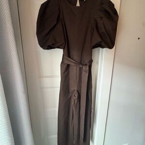 Anthropology En Saison Chocolate Short Puff Sleeve, backless Jumpsuit